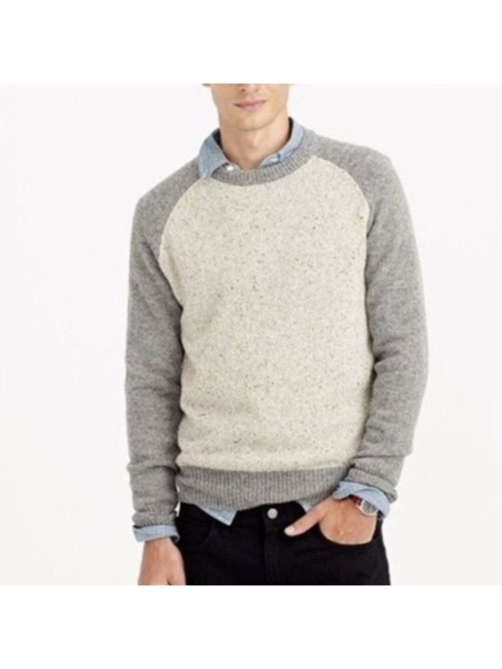 NWT J.Crew Women's L Gray  Donegal Colorblock Crewneck Sweater Wool